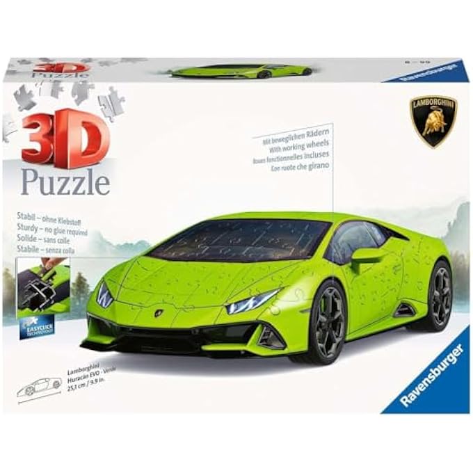 LAMBORGHINI‑HURACN‑EVO‑VERDE PREMIUM 3D PUZZLE 108 PIECE 1:18 SCALE MODEL WITH ROTATING WHEELS | NO GLUE NEEDED EASY CLICK ASSEMBLY DISPLAY BASE INCLUDED| 11559‑4 - Image 1